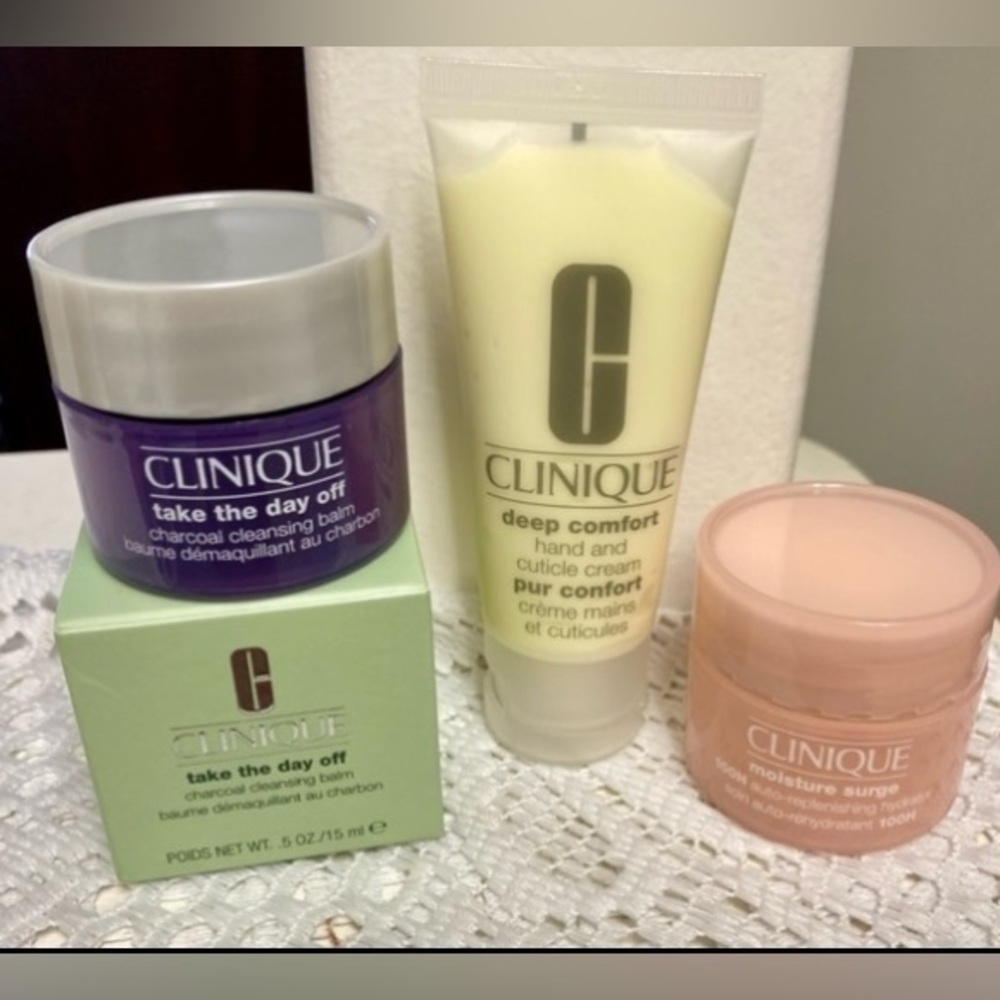 NWT 3 Pc. Set Clinique Moisture Surge, Hand & Cuticle Cream, Charcoal Cleansing